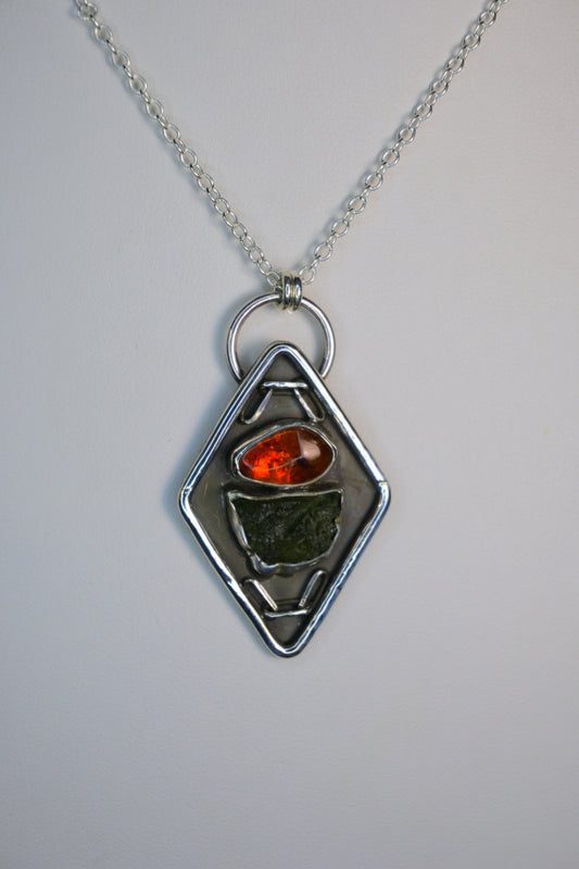 'Large' Moldavite & Amber Necklace