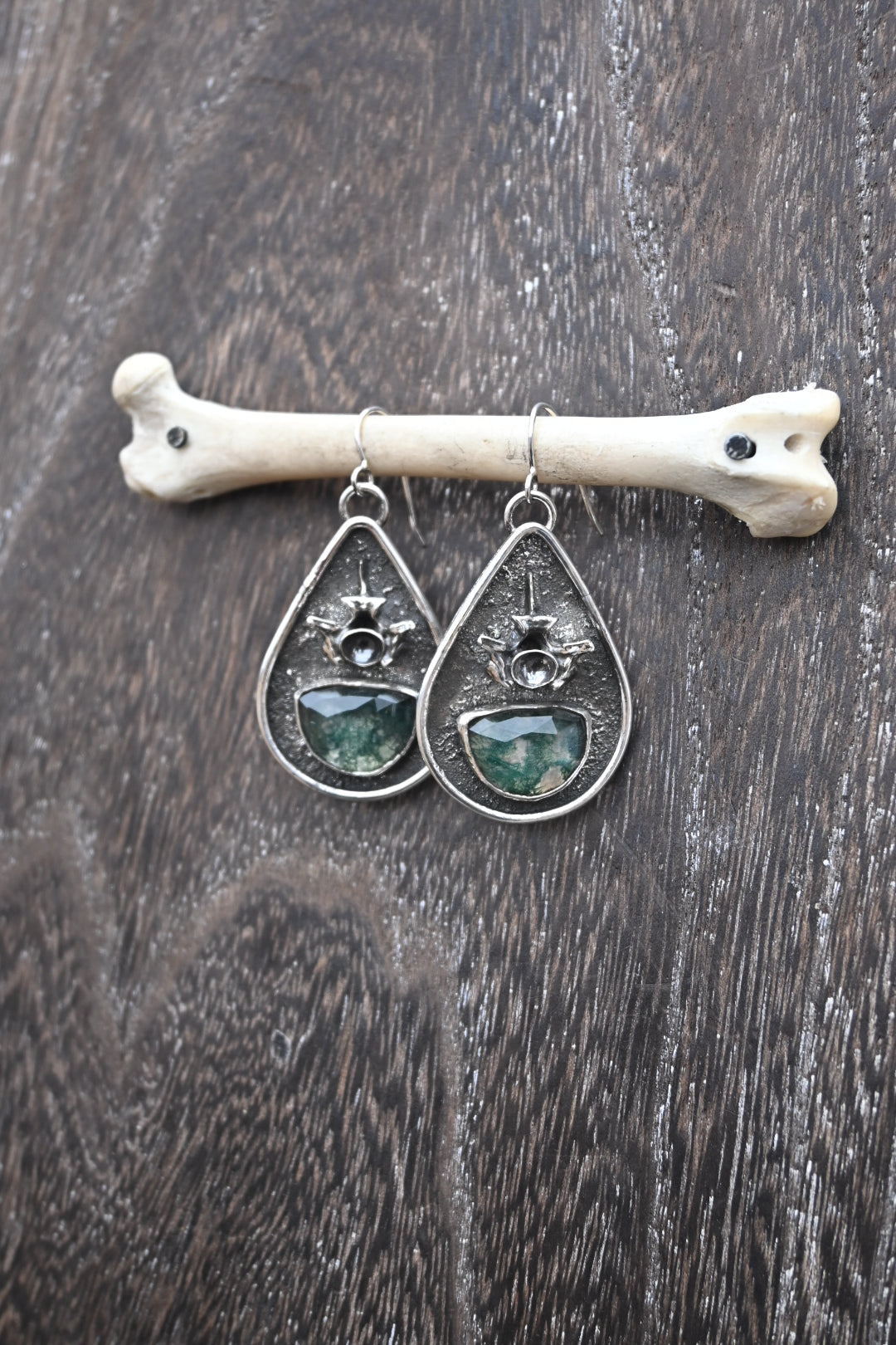 Moss Agate & Snake Vertebrae Earrings
